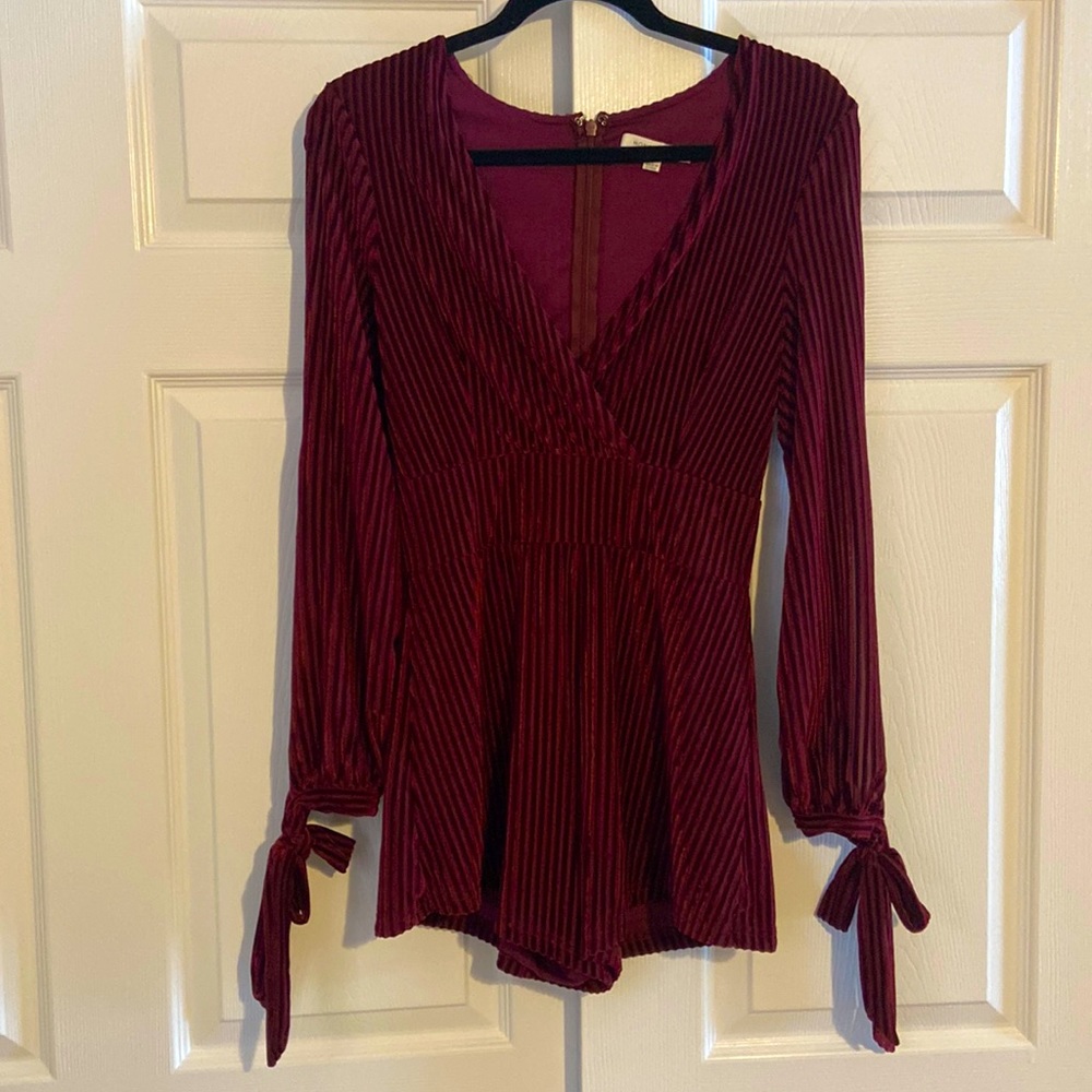 Ribbed Velvet V neck Romper with Split Sleeves
